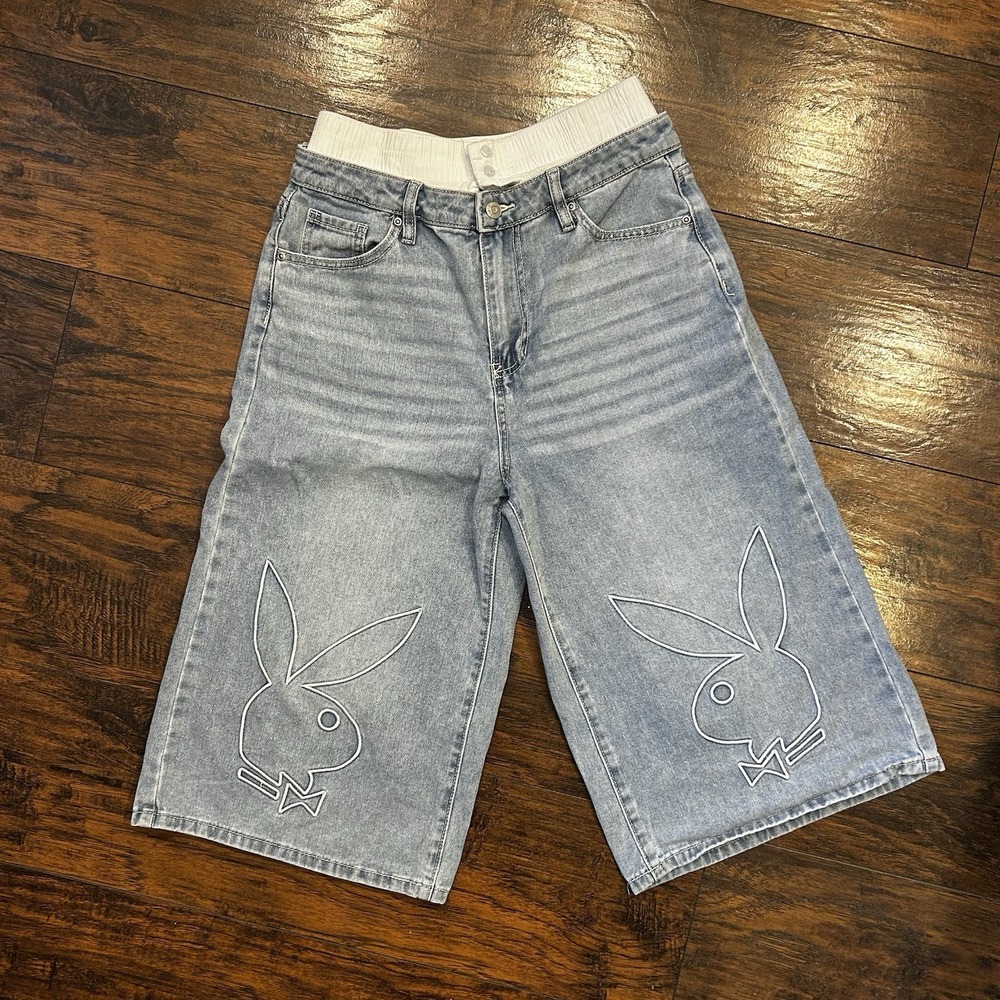 Playboy Women Wide Leg Denim Jort Shorts Embroidered Bunny Logo Size 7 Y2K
